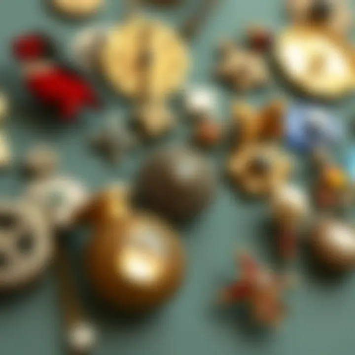 Historical pins displayed in a vintage fashion context
