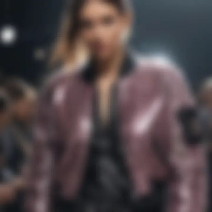 Fashionable sparkly bomber jacket featured in a high-end fashion show