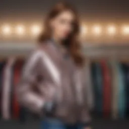 A stylish sparkly bomber jacket displayed on a mannequin in a chic setting