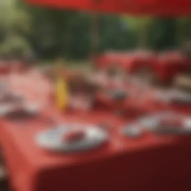 Red burlap tablecloth styled for an outdoor gathering