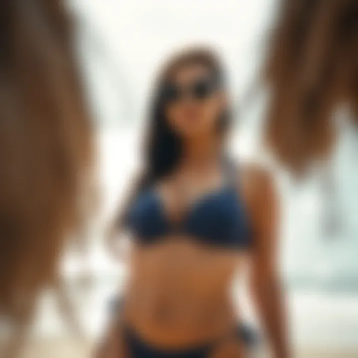 An individual showcasing a stylish XL tankini at the beach, enjoying the sun