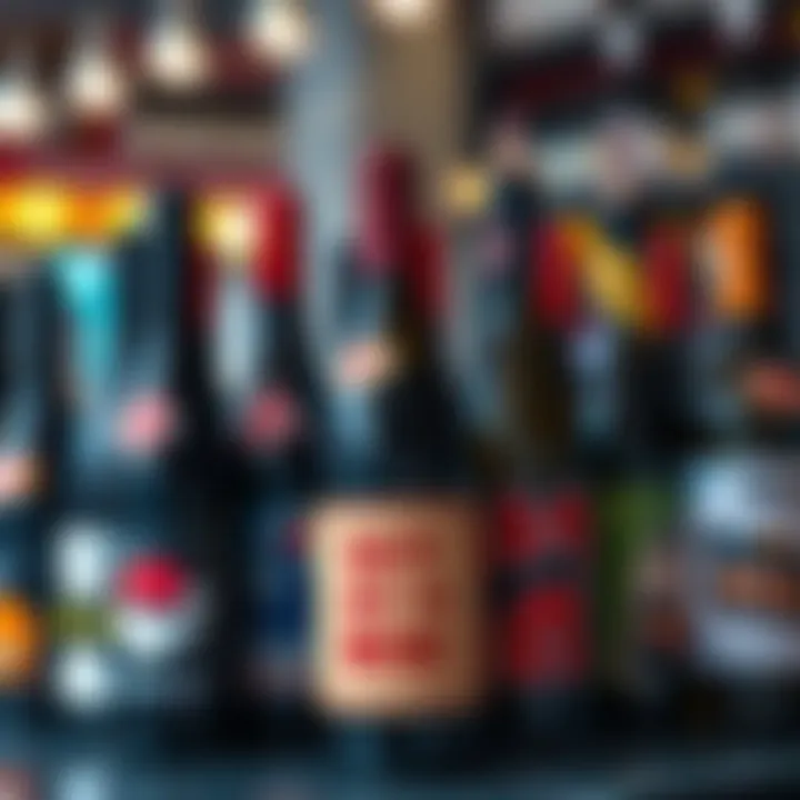 A vibrant display of wine bottles, each featuring unique sticker designs