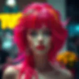 Intricate design of synthetic wig showcasing vibrant colors and textures