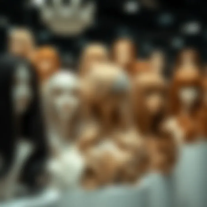 Collection of synthetic wigs displayed elegantly on mannequins