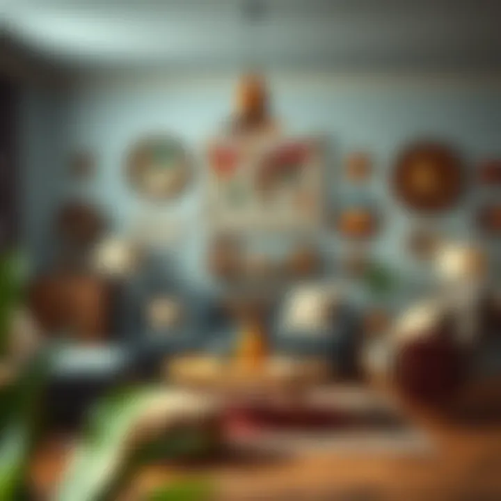 A beautifully arranged interior featuring vintage textile wall art