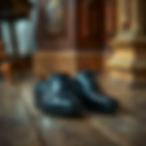Elegant black brogues on a vintage wooden floor