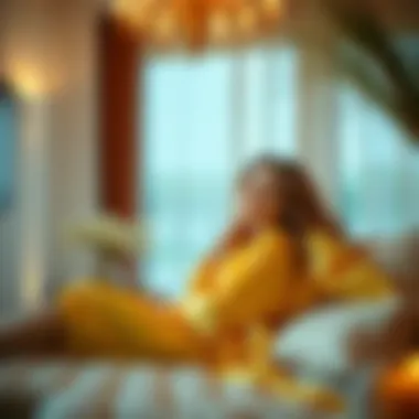 A serene atmosphere featuring a person relaxing in a yellow satin robe