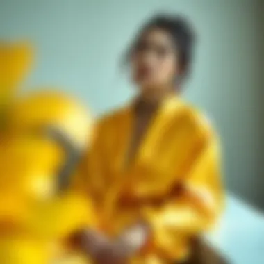 A stylish interpretation of yellow satin robe paired with contemporary accessories