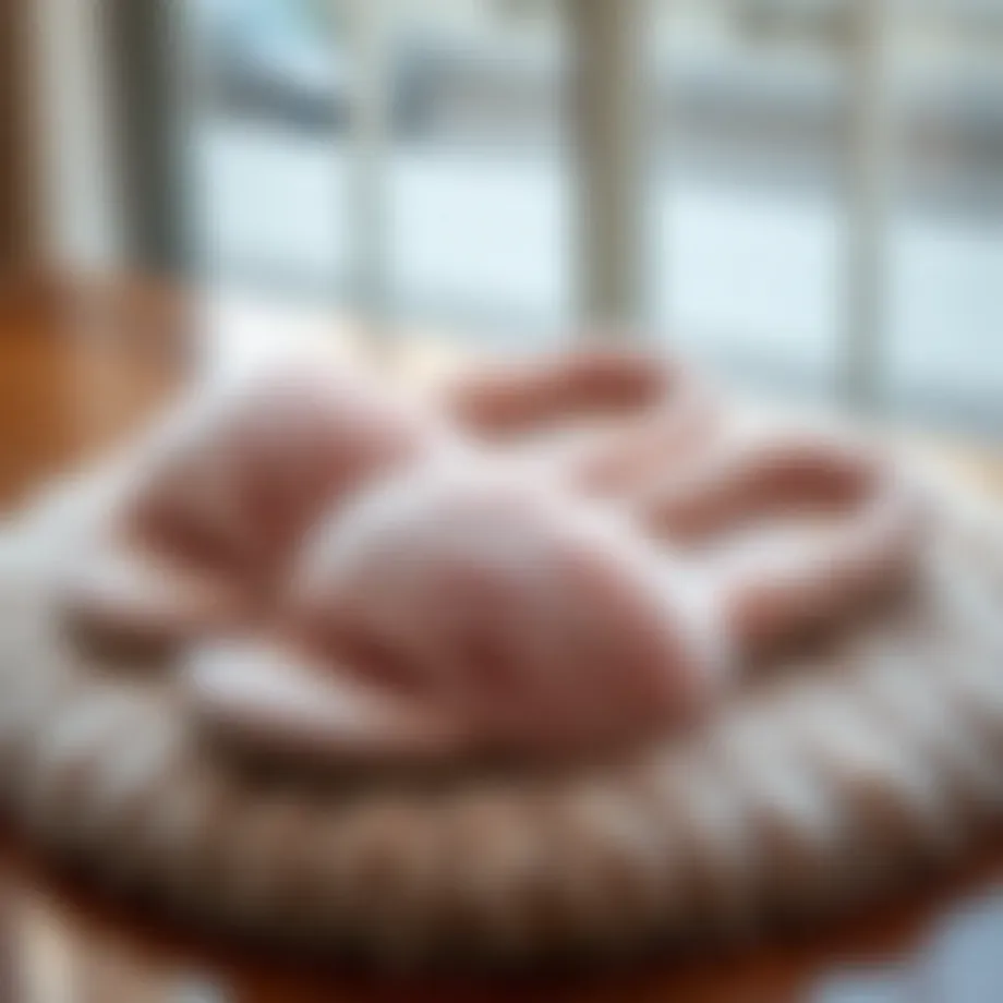 Luxurious fluffy flip flop slippers displayed on a plush surface