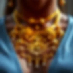 A close-up view of an elegant gold plated necklace showcasing intricate designs.