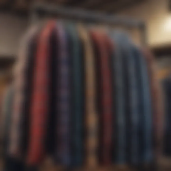 Various graphic flannel shirts displayed on a rack highlighting design variations