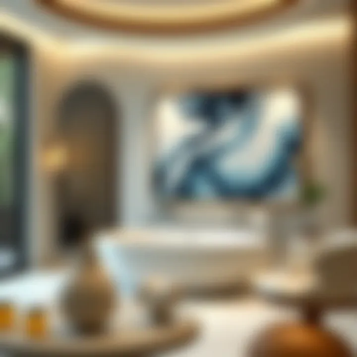 Elegant spa-like bathroom enhanced by a stylish large artwork piece