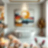 Luxurious bathroom featuring a large abstract painting above a bathtub