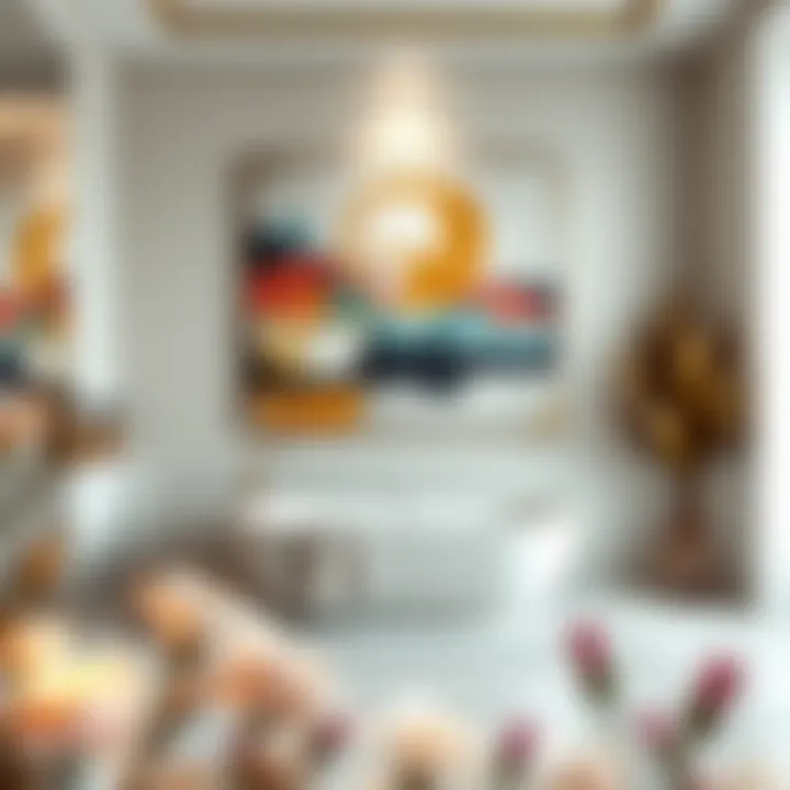 Luxurious bathroom featuring a large abstract painting above a bathtub