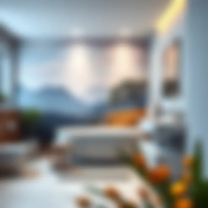 Modern bathroom showcasing a vibrant landscape mural on the wall