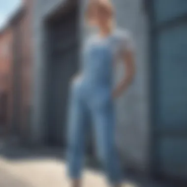 Light blue denim overalls styled in a modern urban setting