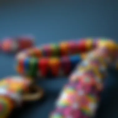 Close-up view of a colorful nylon string bracelet showcasing intricate patterns