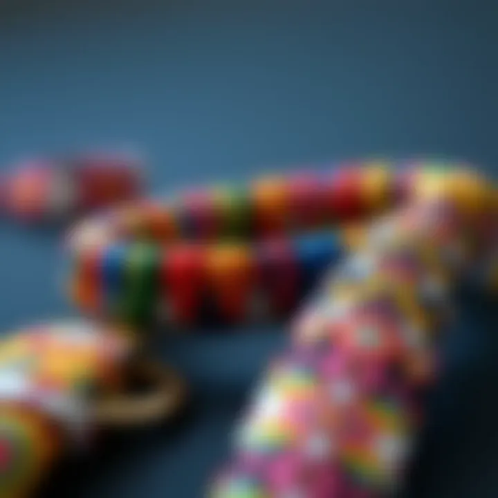 Close-up view of a colorful nylon string bracelet showcasing intricate patterns