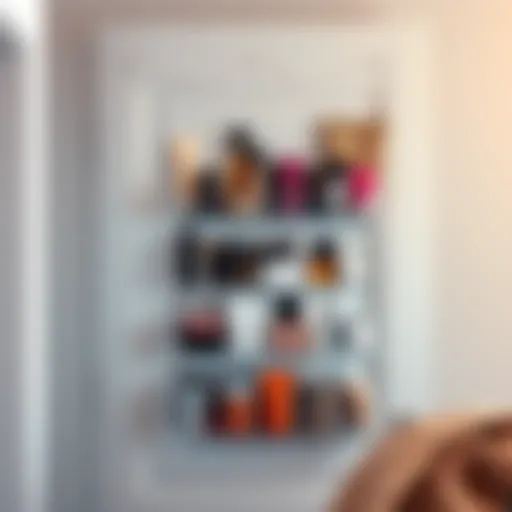 Elegant over-the-door cosmetic organizer displaying various beauty products