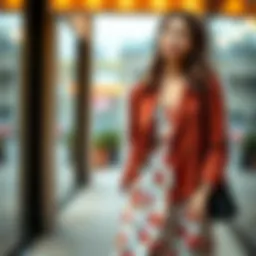 A chic oversize spring jacket styled with a floral dress
