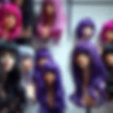 A vibrant display of various purple synthetic wigs showcasing different styles and lengths