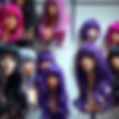 A vibrant display of various purple synthetic wigs showcasing different styles and lengths