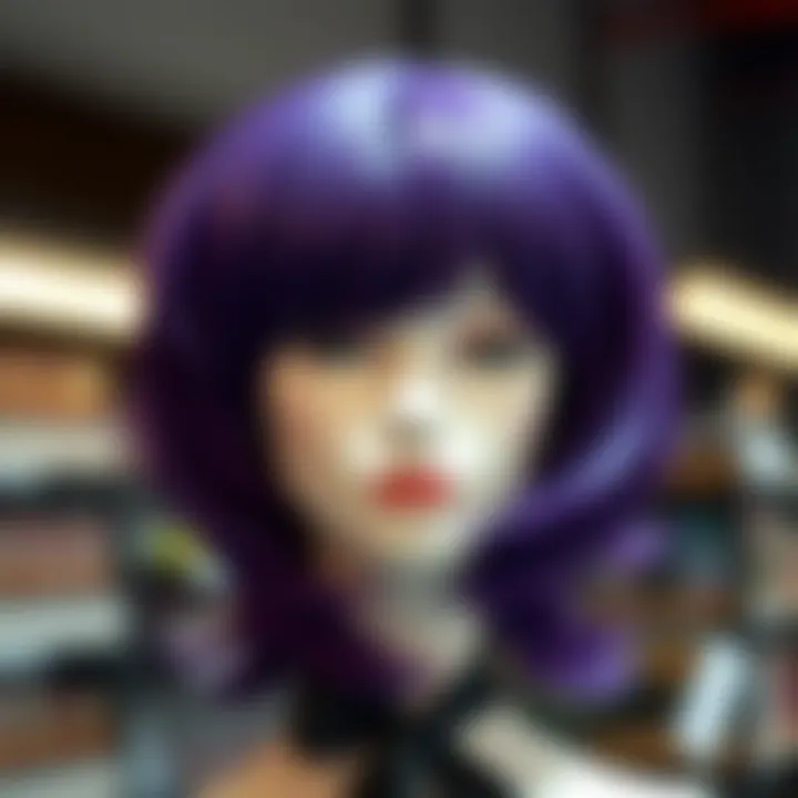 A beautifully styled purple synthetic wig on a mannequin, illustrating styling options