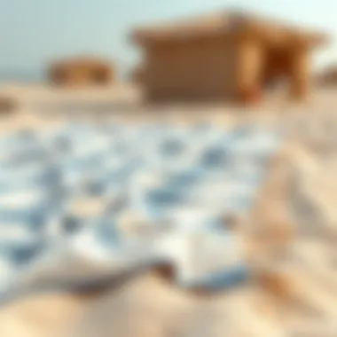 Luxurious beach towel spread on sand