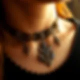 A close-up view of a tattoo choker necklace showcasing intricate designs and textures.