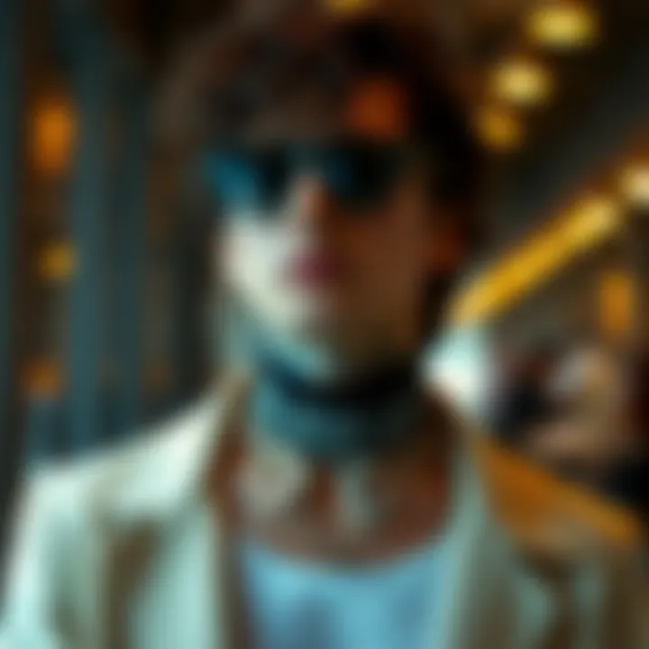 A stylish individual wearing a tattoo choker necklace in a contemporary setting.