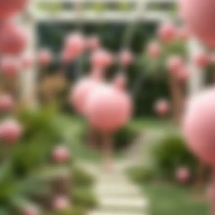 Artistic installation featuring pink decorative balls in a garden setting