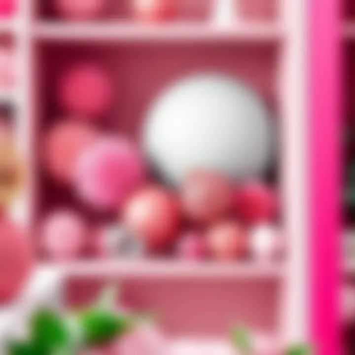 Variety of pink decorative balls displayed on a unique shelf