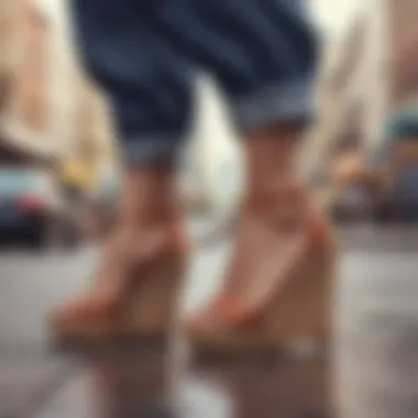 Versatility of Elegant Wedges in Urban Fashion A stylish individual wearing elegant wedges in a trendy urban setting, highlighting their versatility.