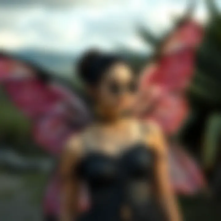 A fashionable adult showcasing fairy wings in an outdoor setting, embodying whimsy and style.