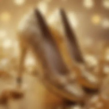 Close-up view of gold sparkly flat shoes with intricate detailing