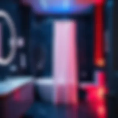 Stylish modern bathroom featuring neon shower curtain