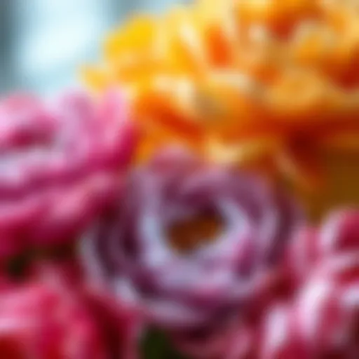 Close-up view of exquisite peony faux flowers in vibrant colors