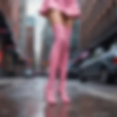 A fashion-forward individual showcasing pink thigh high heels in an urban setting