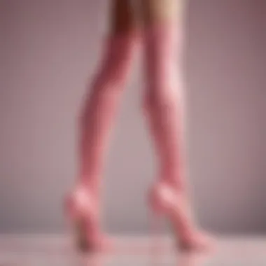 Close-up of intricate details in the design of pink thigh high heels