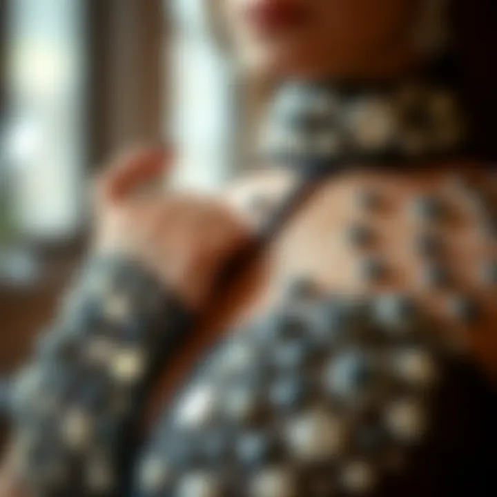 A close-up of rhinestone embellishments on a sheer jumpsuit, highlighting craftsmanship