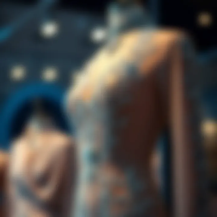 A glamorous sheer rhinestone jumpsuit on a mannequin showcasing intricate details