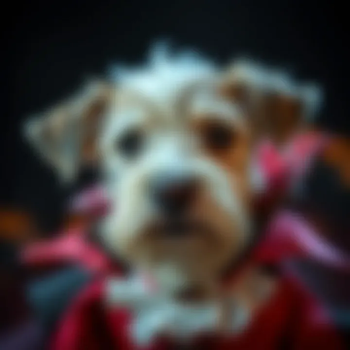 A close-up of a vampire costume's intricate designs and textures on a dog