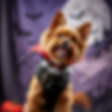 Playful Vampire Dog with Halloween Backdrop A playful dog posing with a spooky Halloween backdrop, showcasing its vampire outfit