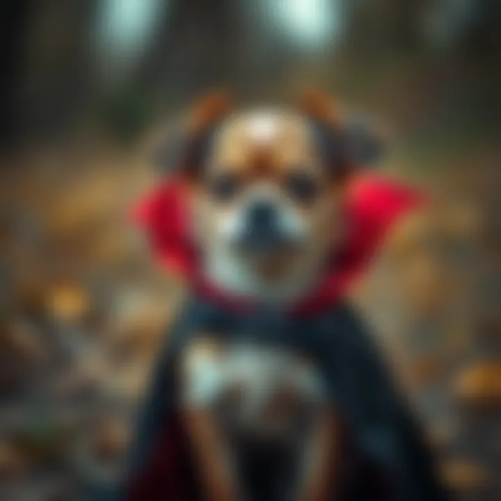 A small dog adorned in a stylish vampire costume with a flowing cape and fangs