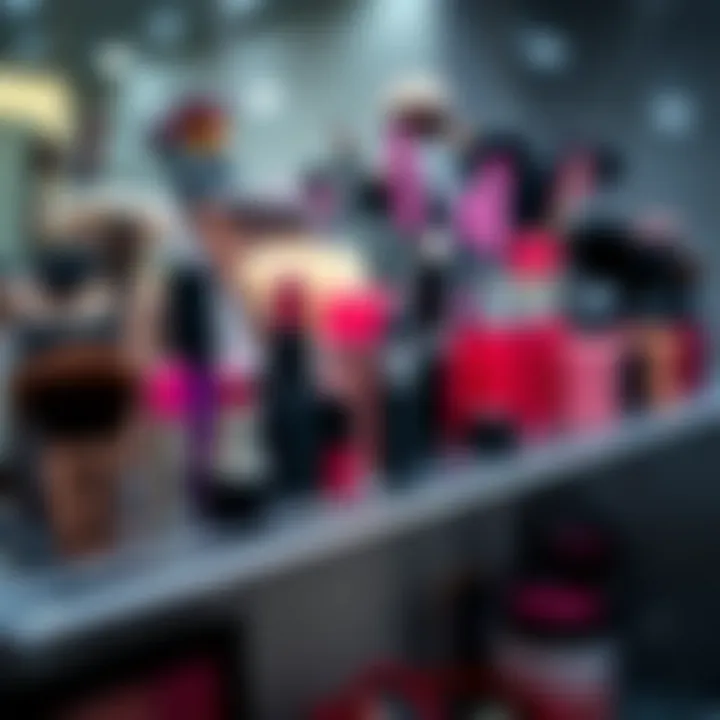 Close-up of organized beauty tools on an acrylic shelf
