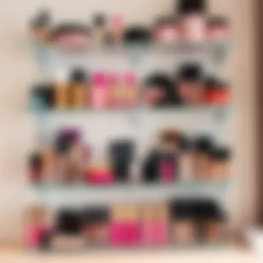 Trendy acrylic makeup shelves showcasing various cosmetic collections