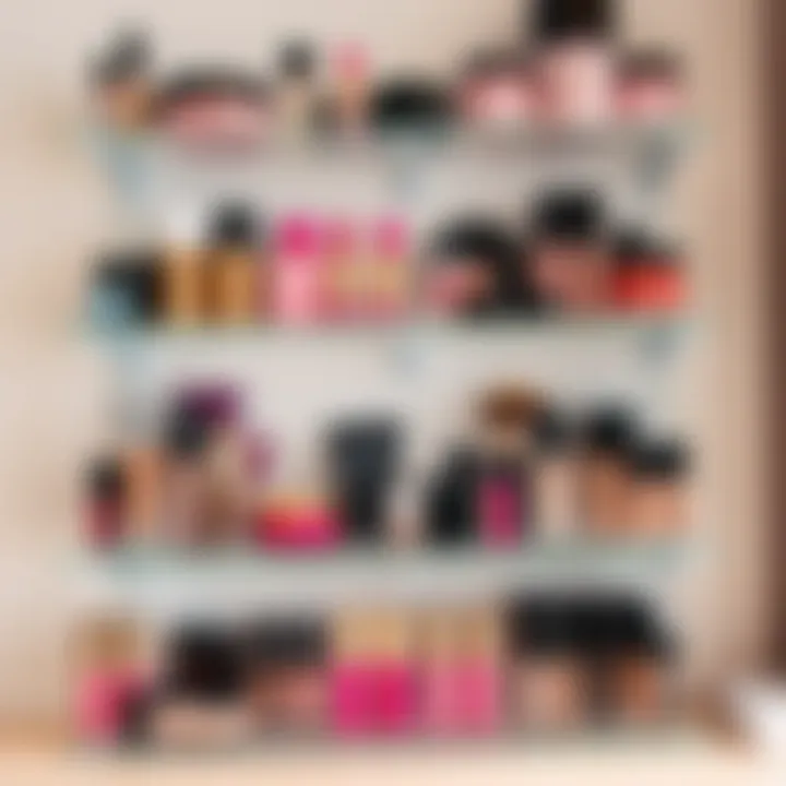 Trendy acrylic makeup shelves showcasing various cosmetic collections