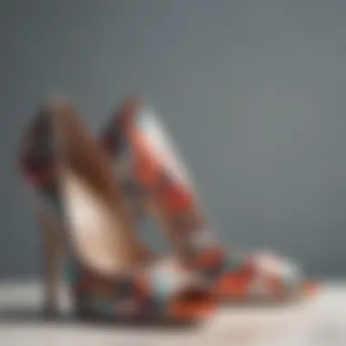 Close-up view of patterned high heels highlighting unique material choices