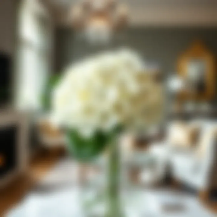 Elegant white faux hydrangea bouquet in a chic living room setting.