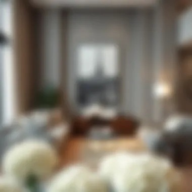 Modern interior design showcasing white faux hydrangea accents.